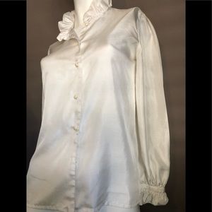 White Silky Satin Ruffled Puff Shoulder Long Sleeve Blouse S EUC